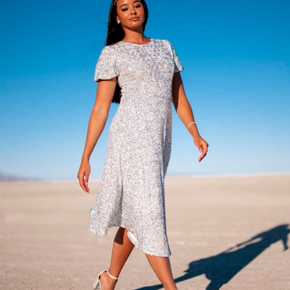 JessaKae Silver Sequin Puff Sleeve Midi Dress - New with Tags / Never Worn